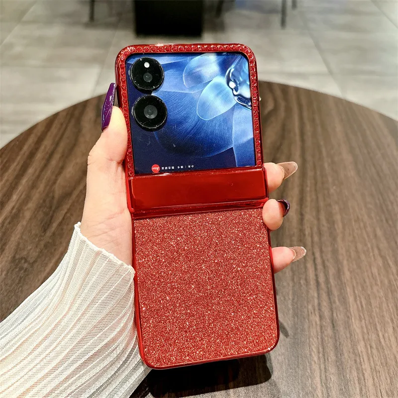 Compatible with Xiaomi MIX Flip phone case, China Red, folding, sparkling glitter, full-coverage hinge, drop protection.