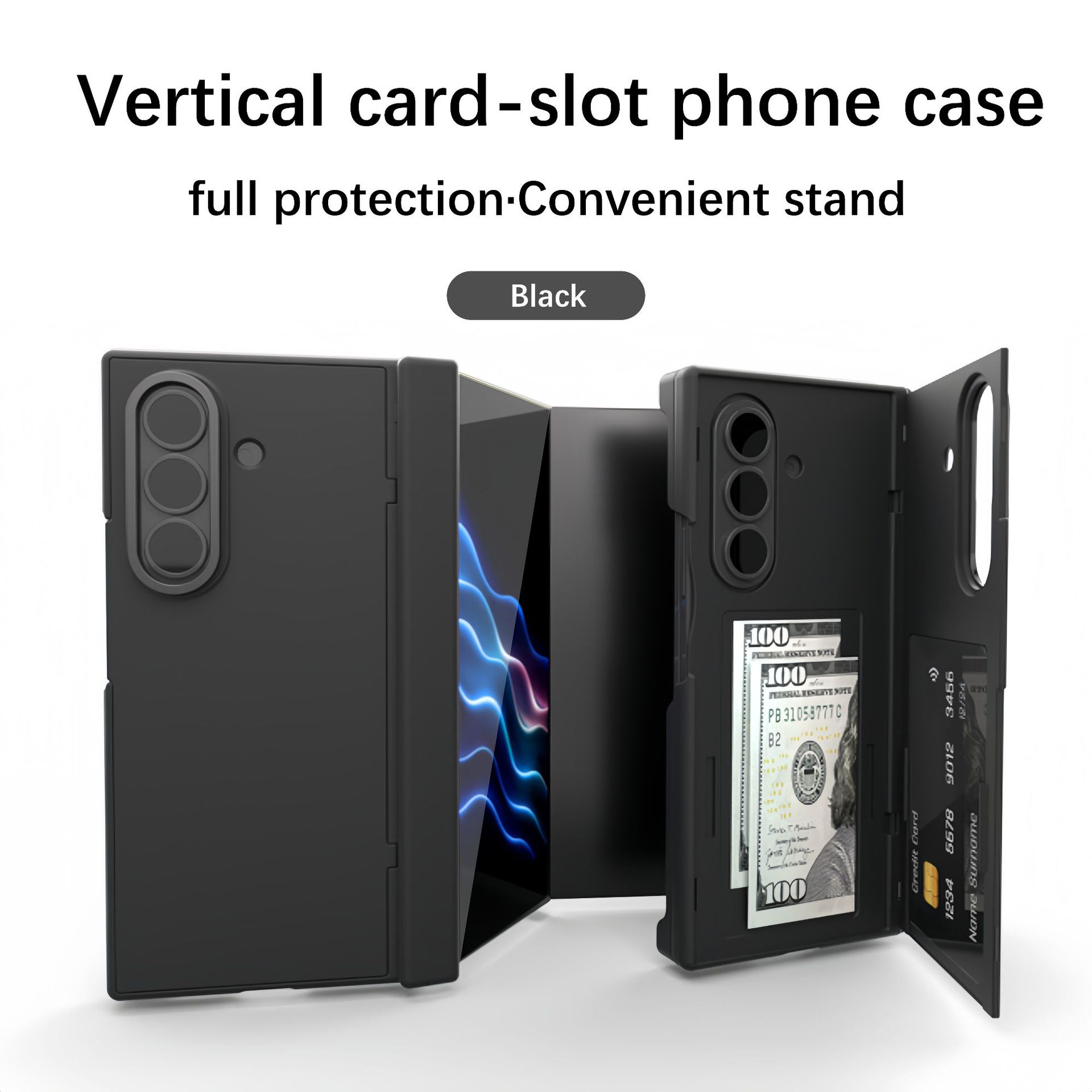 Compatible with Samsung ZTriFold phone case, ZTRIFOLD tri-fold wrist strap, card holder, transparent protective case - Black hinged version Z TriFold