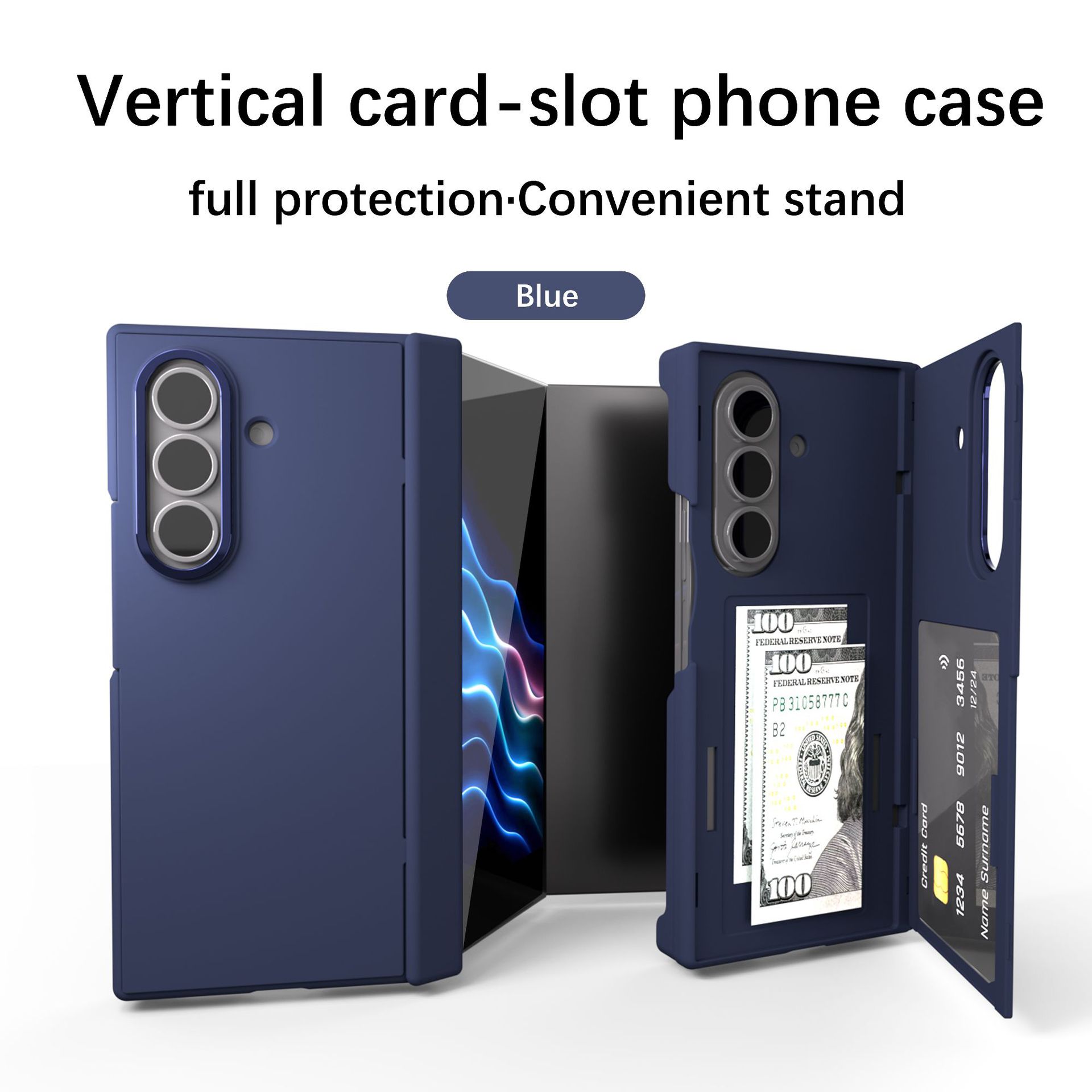Compatible with Samsung ZTriFold phone case, ZTRIFOLD tri-fold wrist strap, card holder, transparent protective case - Blue hinge version Z TriFold