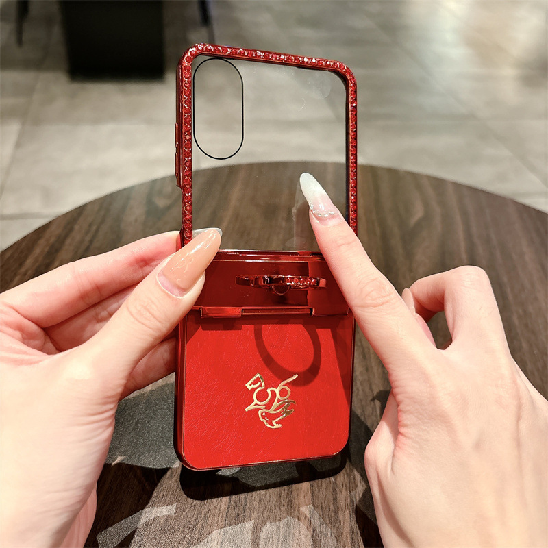 Compatible with Xiaomi MIX Flip2 phone case, red with Year of the Horse design, full-coverage hinge for drop protection. - Red with screen protector Xiaomi MIX Flip2