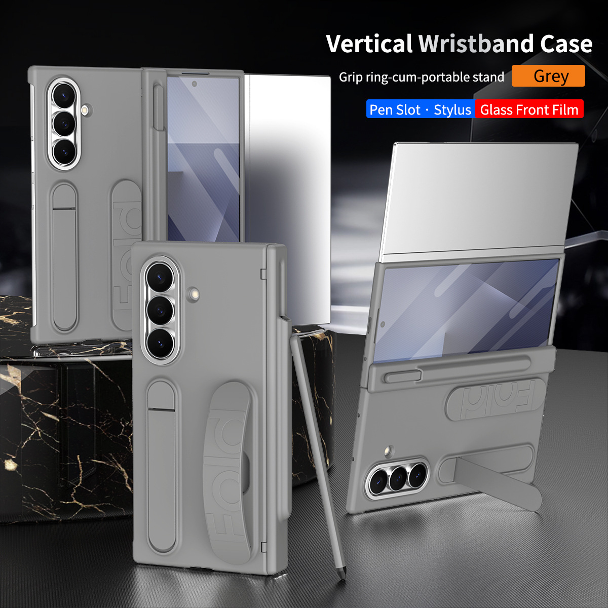 Compatible with Samsung TriFold phone case, FOLD folding official wrist strap, pen slot hinge case, integrated protective case. - Gray Pen Slot Version Z TriFold