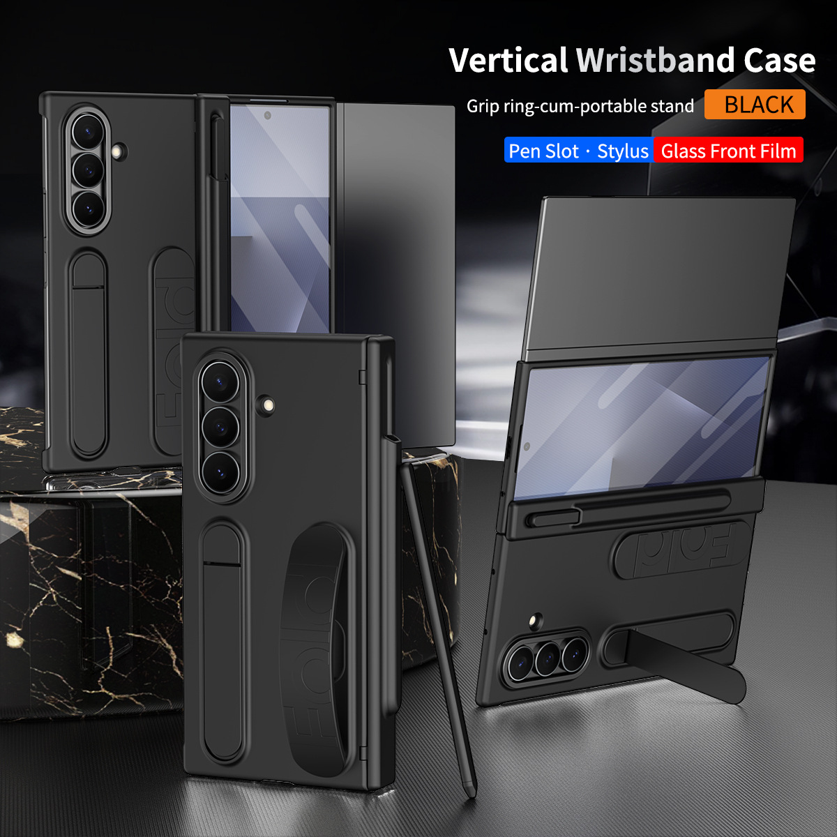 Compatible with Samsung TriFold phone case, FOLD folding official wrist strap, pen slot hinge case, integrated protective case. - Black Pen Slot Version Z TriFold