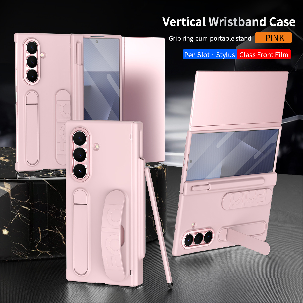Compatible with Samsung TriFold phone case, FOLD folding official wrist strap, pen slot hinge case, integrated protective case. - Pink Pen Slot Version Z TriFold
