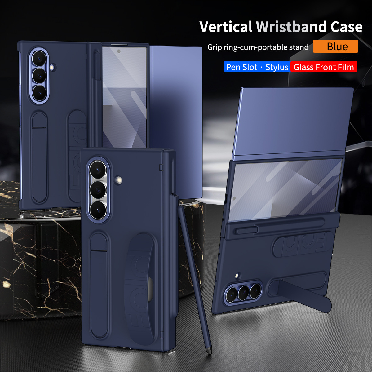Compatible with Samsung TriFold phone case, FOLD folding official wrist strap, pen slot hinge case, integrated protective case. - Blue Pen Slot Version Z TriFold