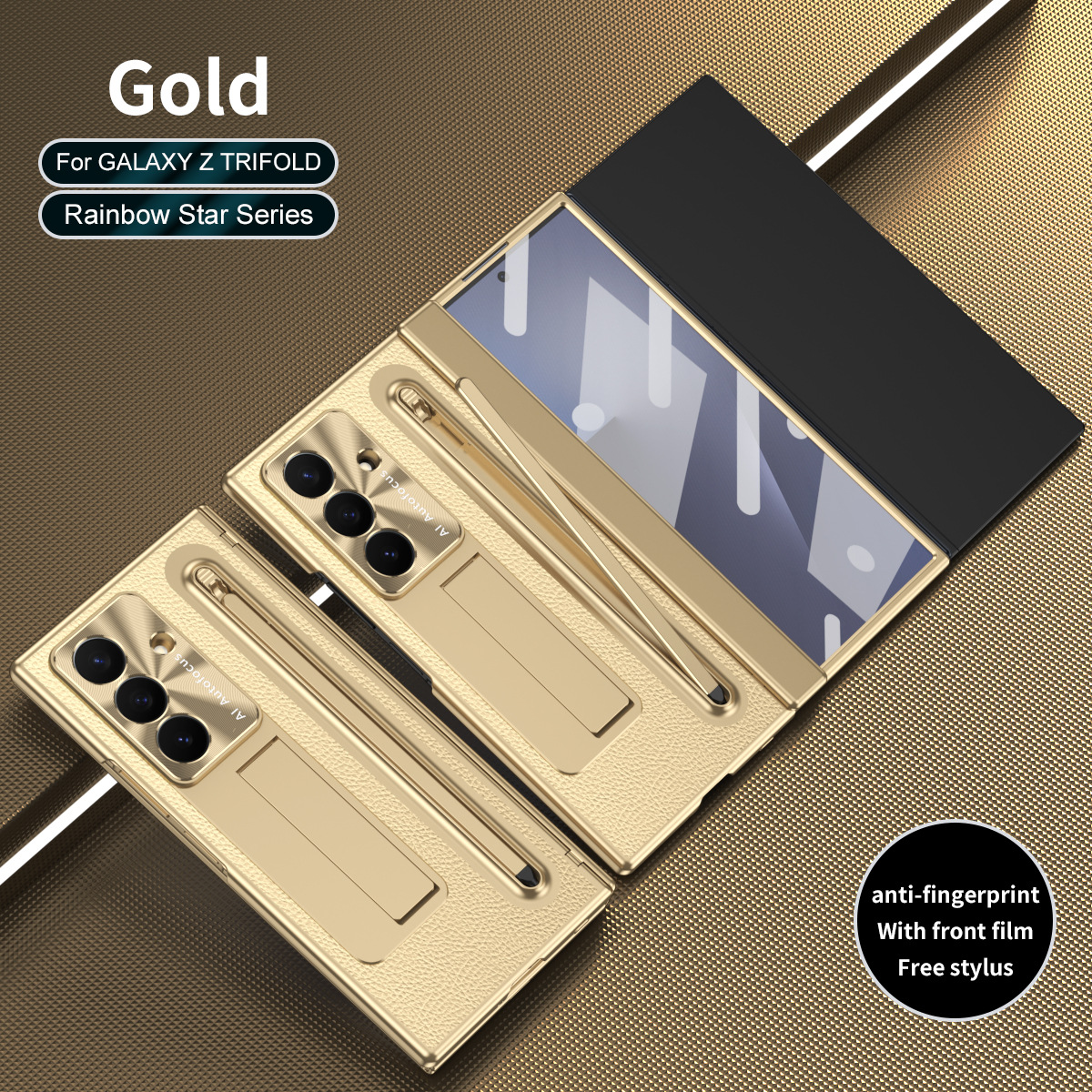 Compatible with Samsung TriFold phone case, FOLD folding official pen slot case, integrated full-coverage drop-proof protective case. - Golden Rainbow Star UV Edge z TriFold