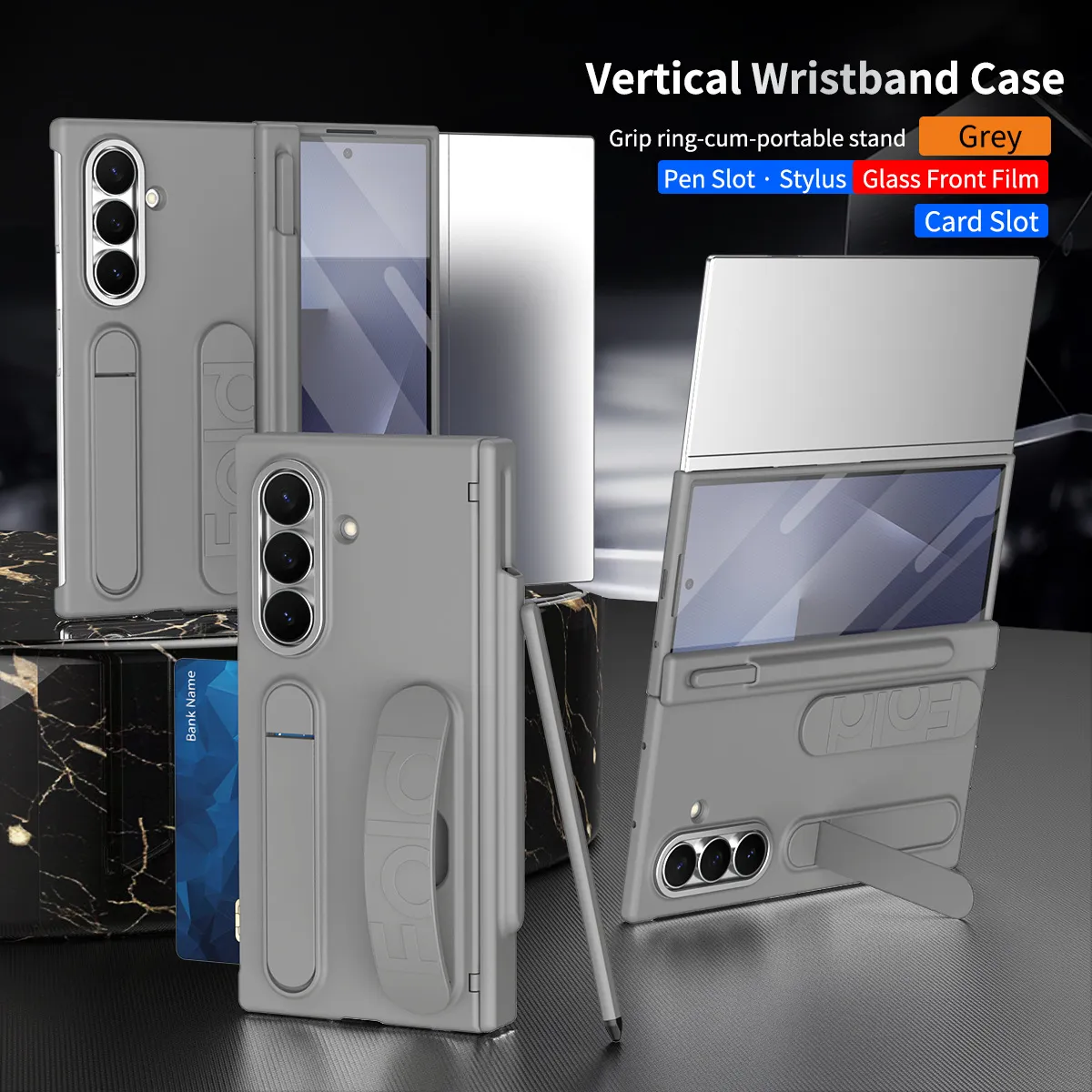 Compatible with Samsung TriFold phone case, FOLD folding official wristband, card slot, pen slot, and integrated protective case. - Gray Pen Slot Version Z TriFold
