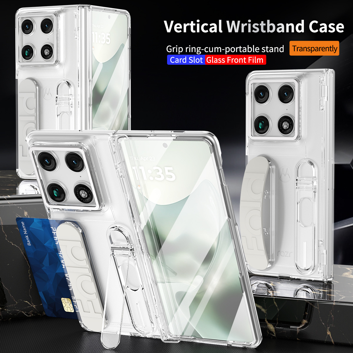 Compatible with Moto Razr Fold phone case, Motorola folding wrist strap hinge case, integrated protective film - Transparent Moto Razr Fold