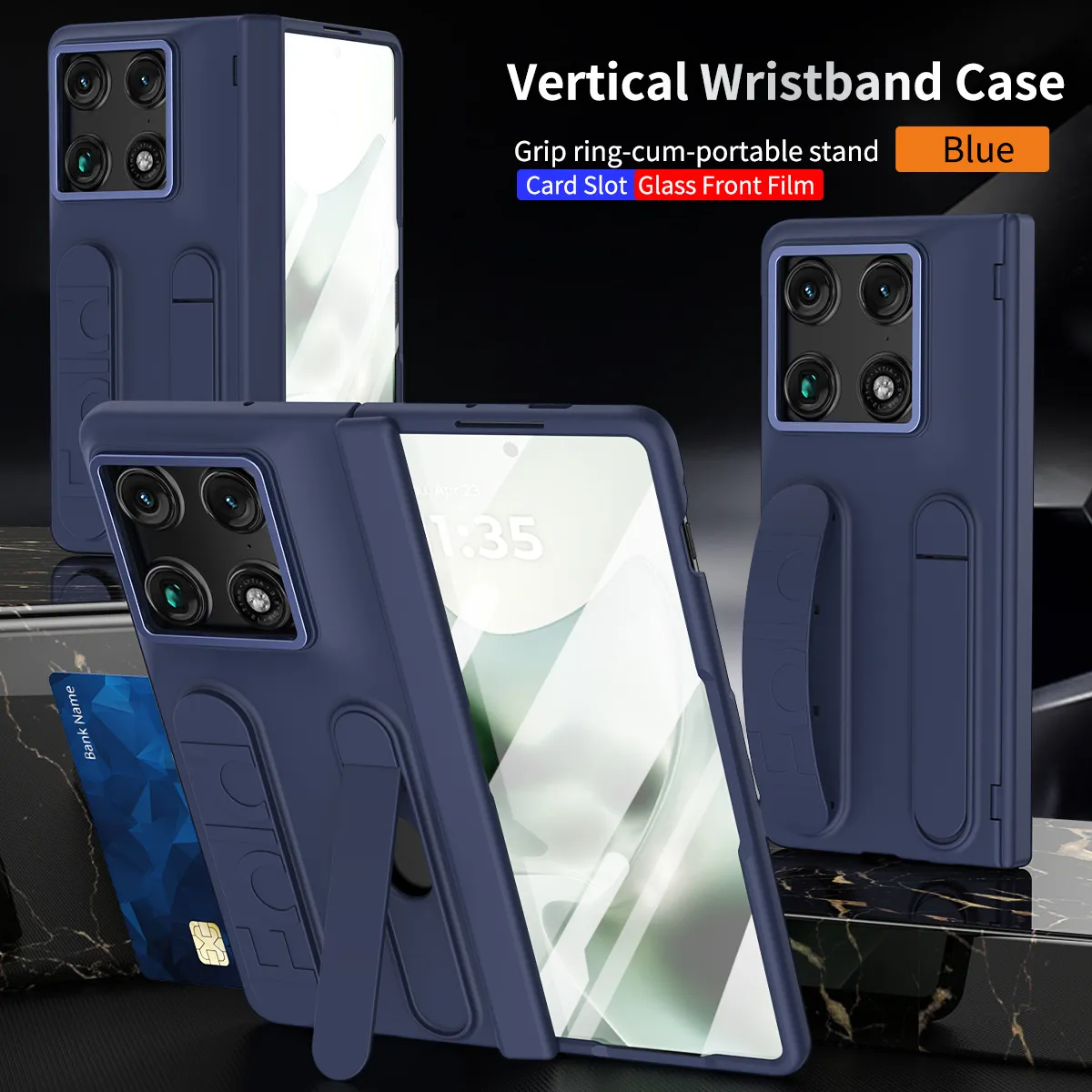 Compatible with Moto Razr Fold phone case, Motorola folding wrist strap hinge case, integrated protective film - Blue Moto Razr Fold