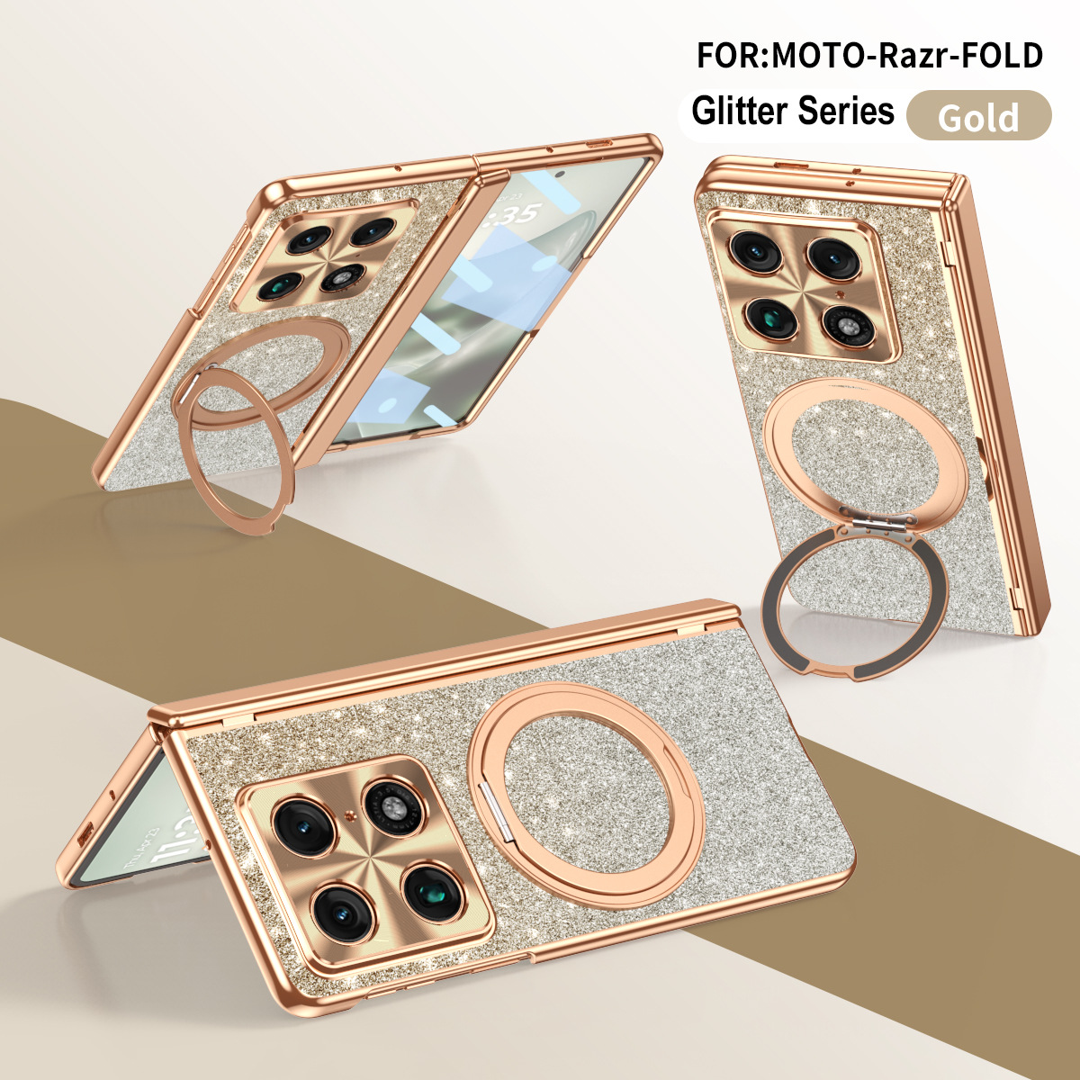 Compatible with Moto Razr Fold phone case, Motorola folding rotating stand, magnetic case, protective film - Gold Moto Razr Fold