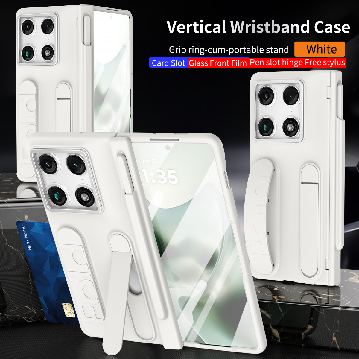 Compatible with Moto Razr Fold phone case, Motorola folding pen slot wrist strap hinge case, integrated protective film - White pen slot Moto Razr Fold