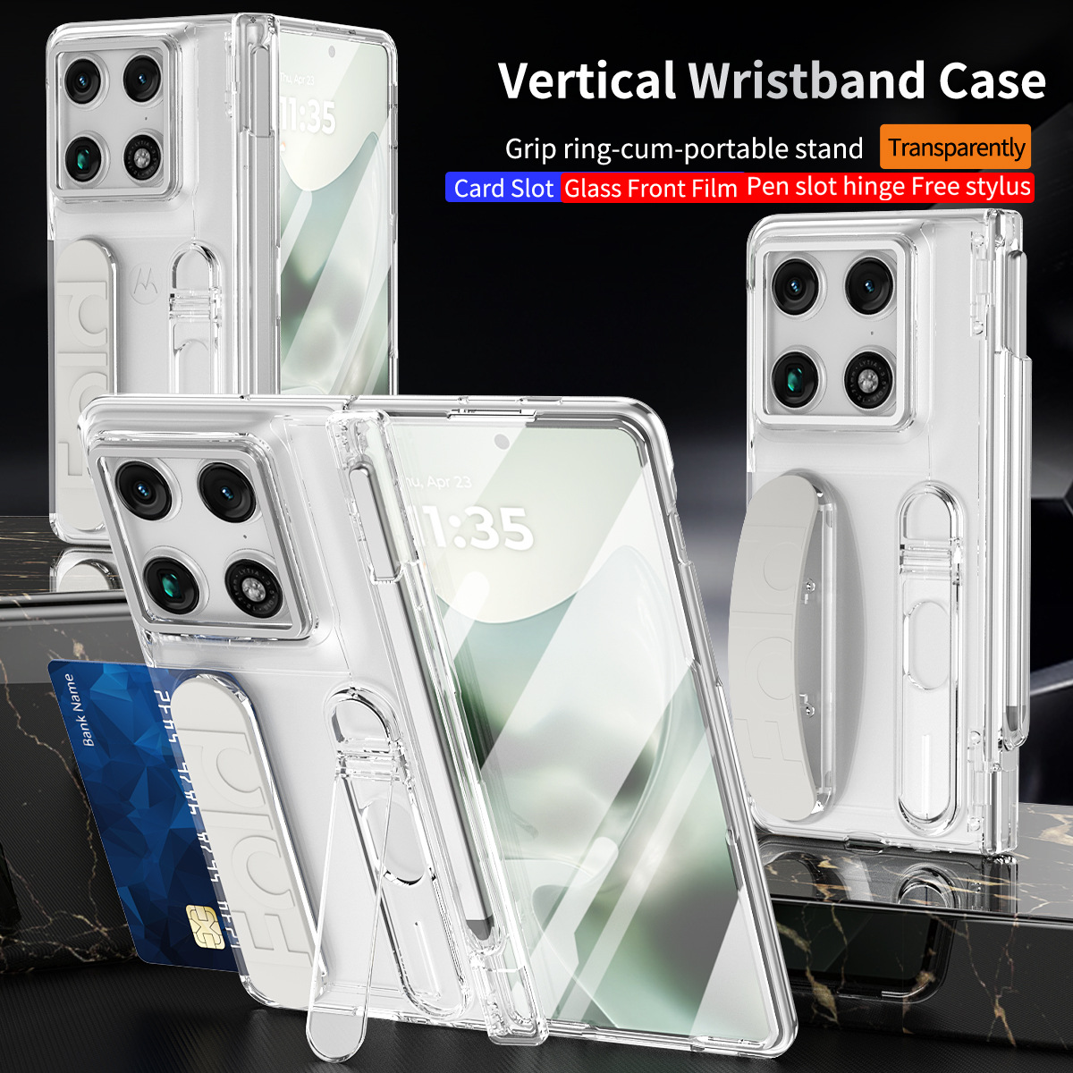 Compatible with Moto Razr Fold phone case, Motorola folding pen slot wrist strap hinge case, integrated protective film - Transparent pen tray Moto Razr Fold