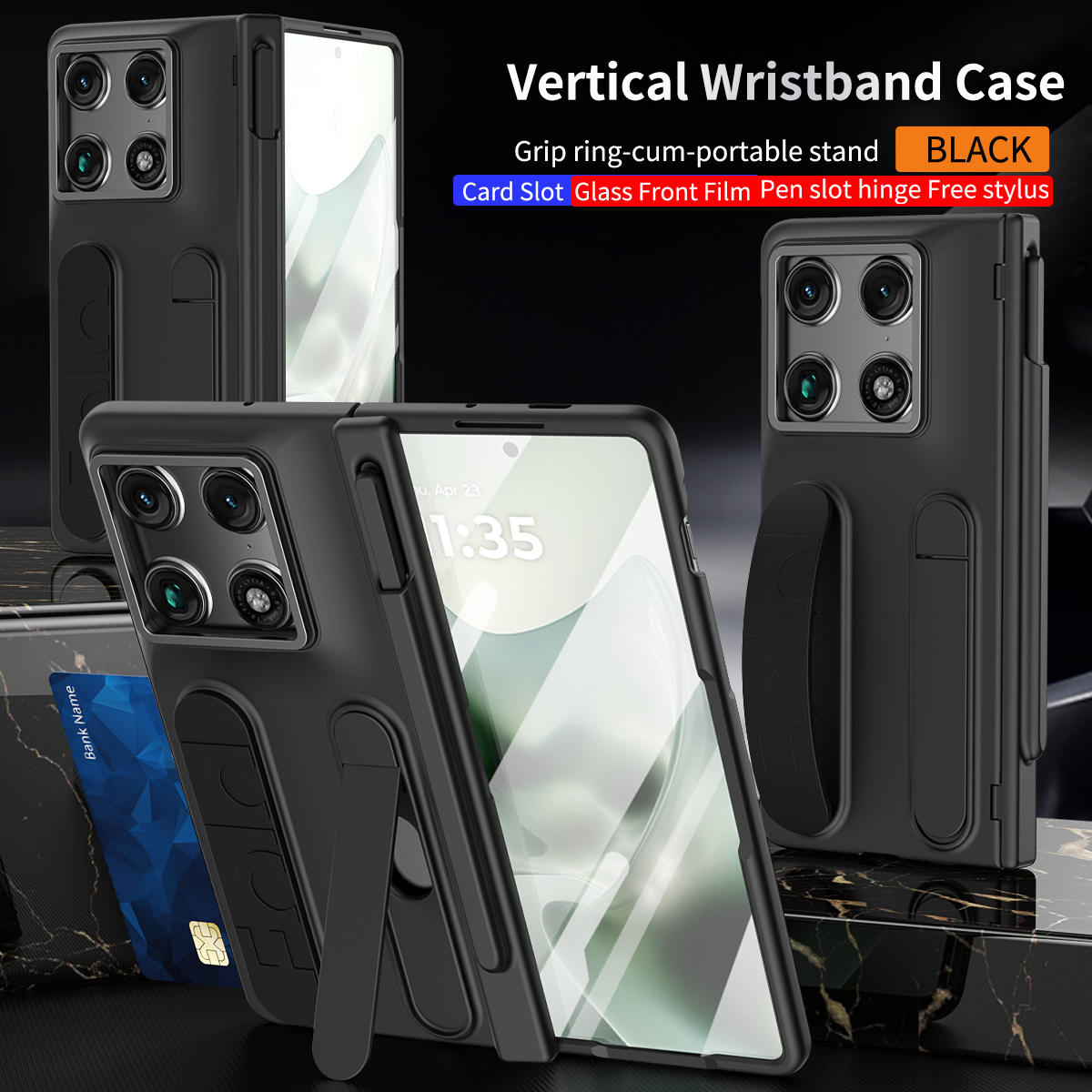 Compatible with Moto Razr Fold phone case, Motorola folding pen slot wrist strap hinge case, integrated protective film - Black pen slot Moto Razr Fold