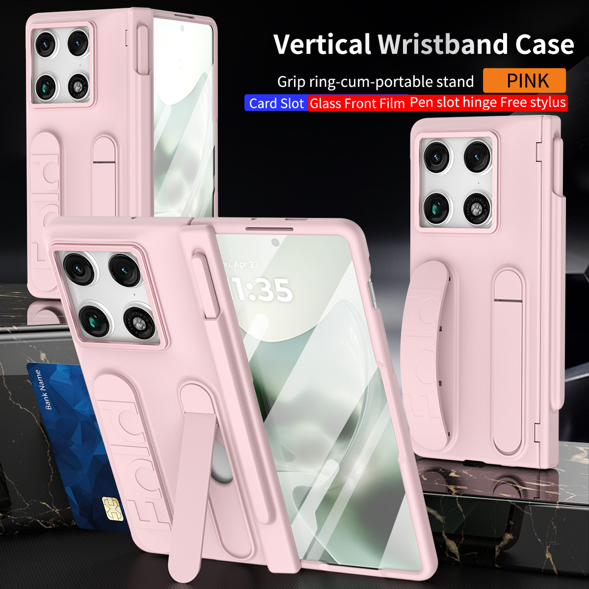 Compatible with Moto Razr Fold phone case, Motorola folding pen slot wrist strap hinge case, integrated protective film - Pink pen slot Moto Razr Fold
