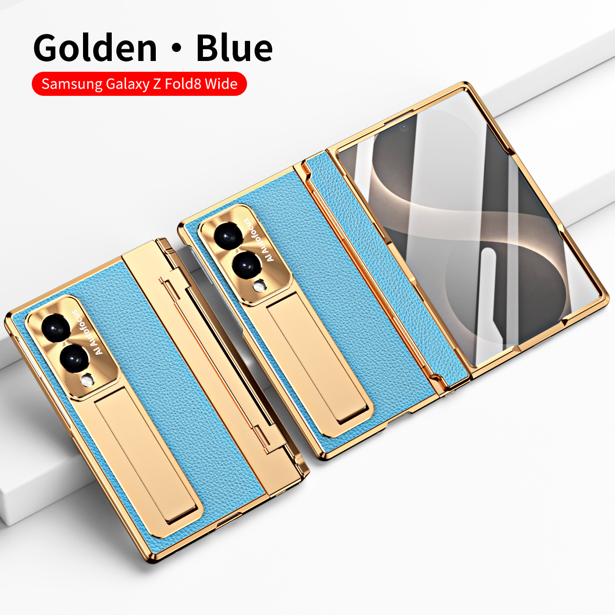 Samsung Fold8 Wide Phone Case with Flat Hinge, Vegan Leather, Pen Slot, Drop-Proof Protection - Blue Gold Shield FOLD8ultra