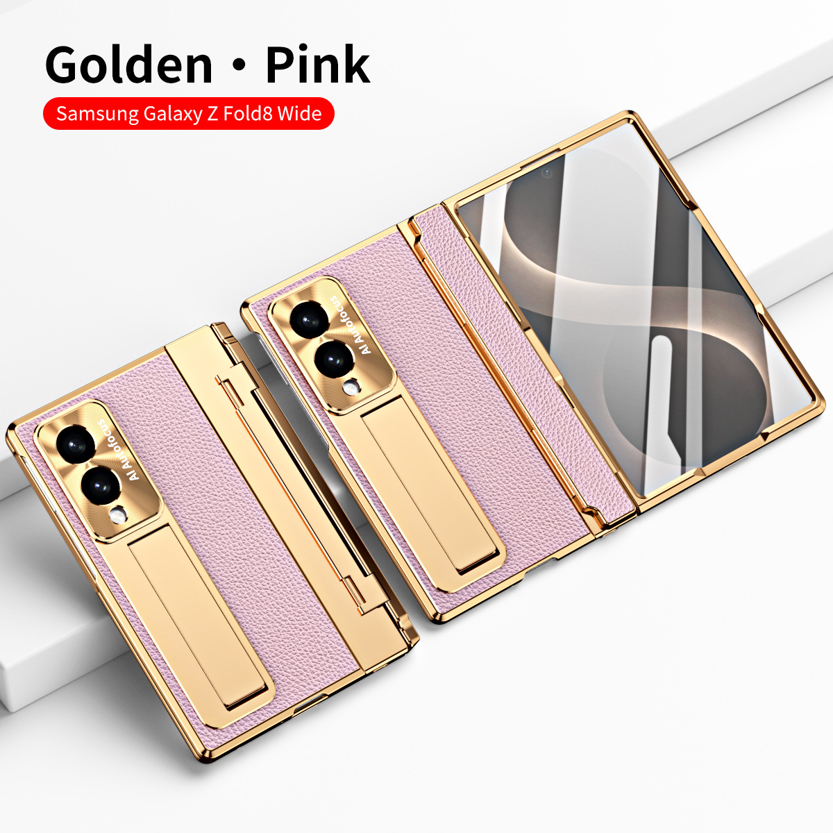 Samsung Fold8 Wide Phone Case with Flat Hinge, Vegan Leather, Pen Slot, Drop-Proof Protection - Pink Gold Shield FOLD8ultra
