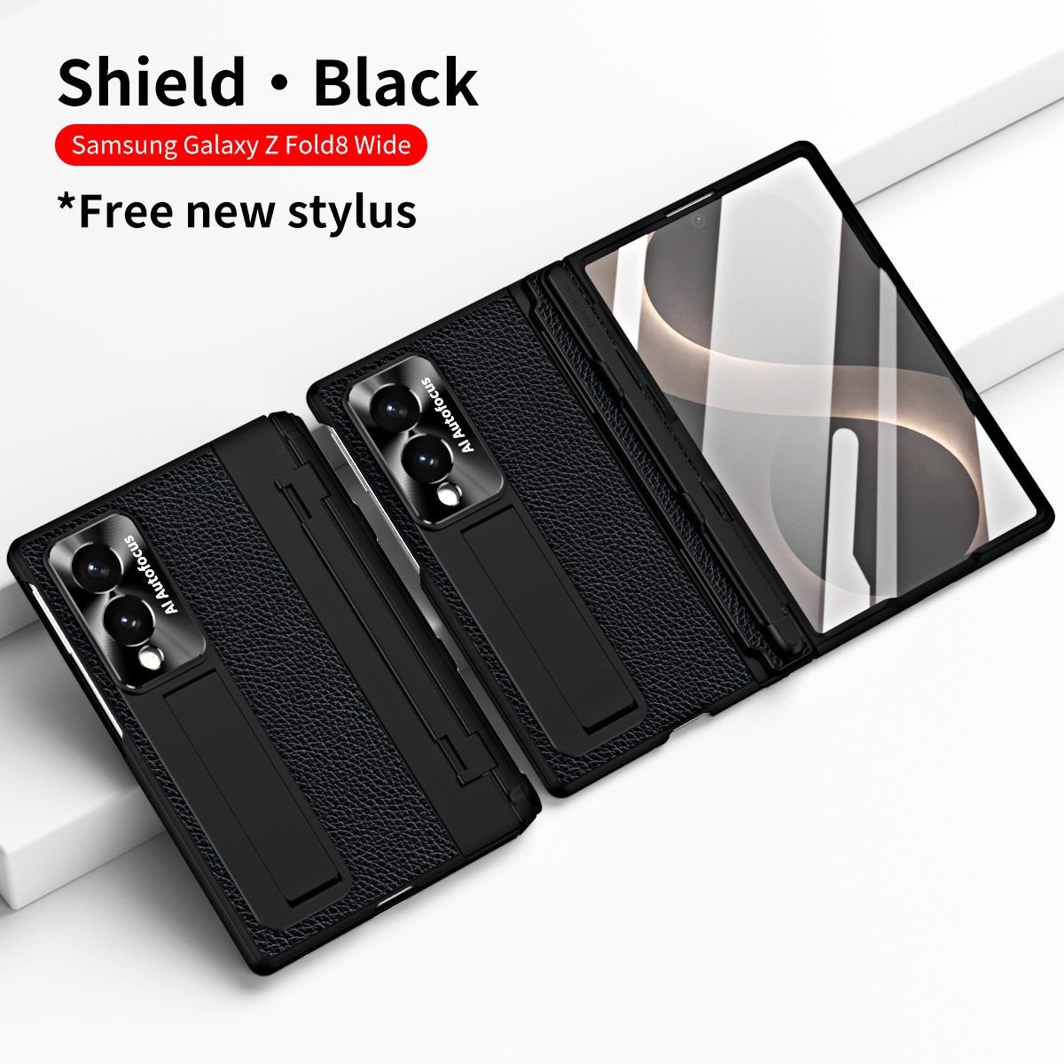Samsung Fold8 Wide Phone Case with Flat Hinge, Vegan Leather, Pen Slot, Drop-Proof Protection - Black Shield Pen Slot FOLD8ultra