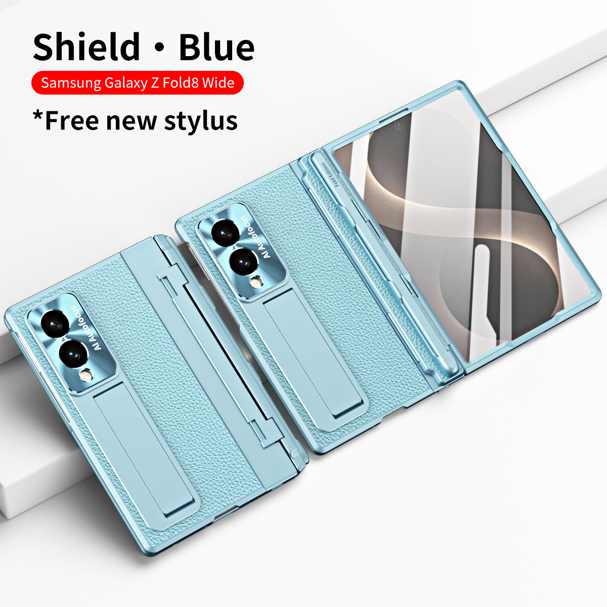 Samsung Fold8 Wide Phone Case with Flat Hinge, Vegan Leather, Pen Slot, Drop-Proof Protection - Blue shield pen slot FOLD8ultra