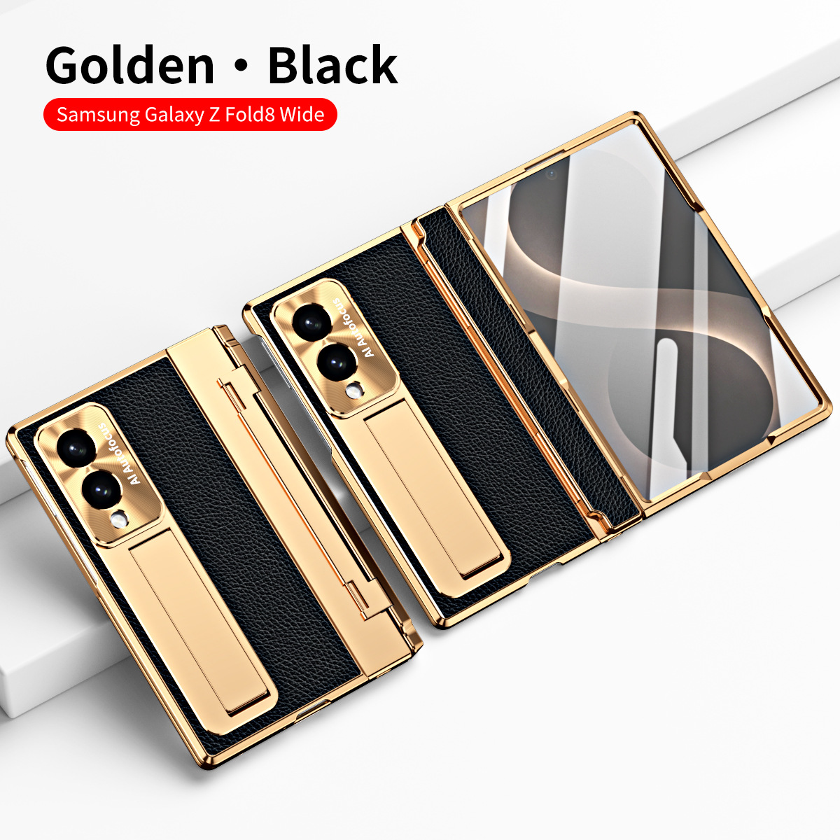 Samsung Fold8 Wide Phone Case with Flat Hinge, Vegan Leather, Pen Slot, Drop-Proof Protection - Black Gold Shield FOLD8ultra