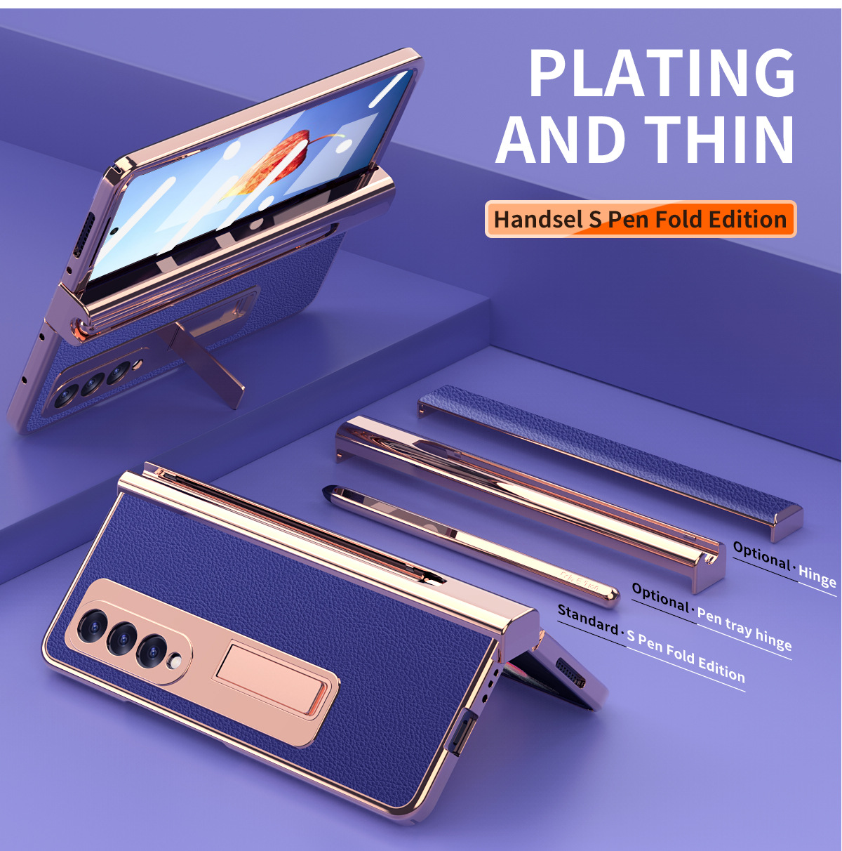 Samsung Fold4 phone case with pen slot, S Pen pen, vegan leather protective case, FOLD3 full coverage, drop protection. - Dark blue lychee pattern fine hole zfold5