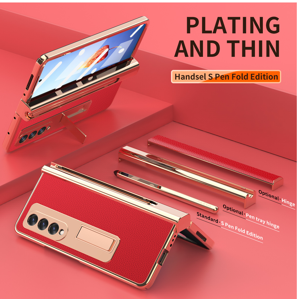 Samsung Fold4 phone case with pen slot, S Pen pen, vegan leather protective case, FOLD3 full coverage, drop protection. - Red lychee-patterned fine hole zfold5