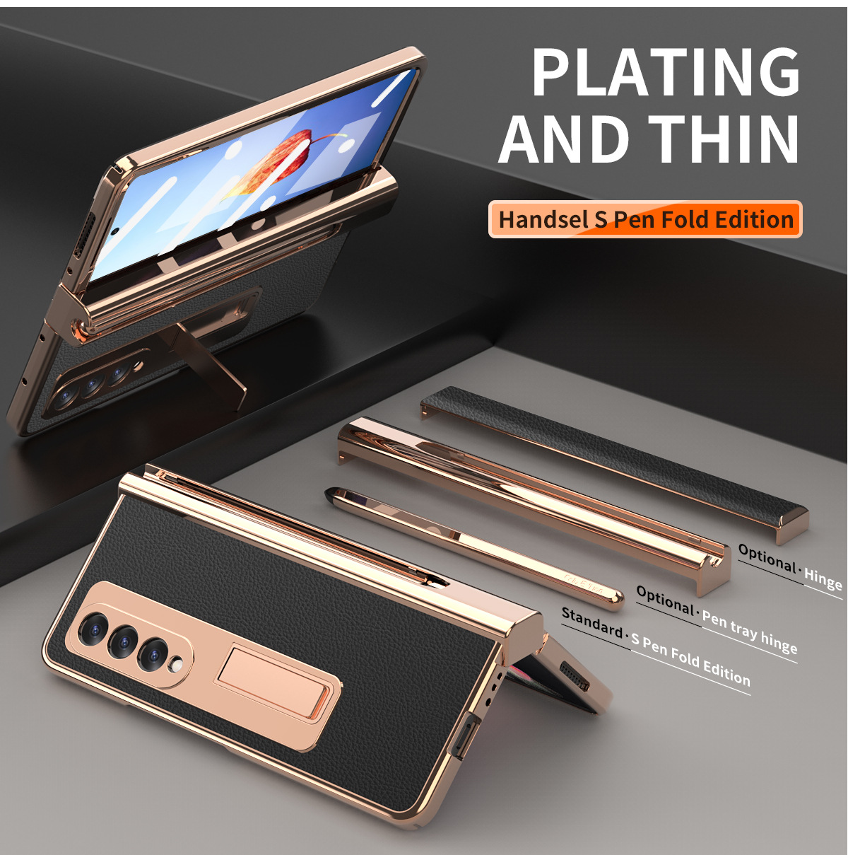 Samsung Fold4 phone case with pen slot, S Pen pen, vegan leather protective case, FOLD3 full coverage, drop protection. - Black lychee-patterned fine hole zfold5