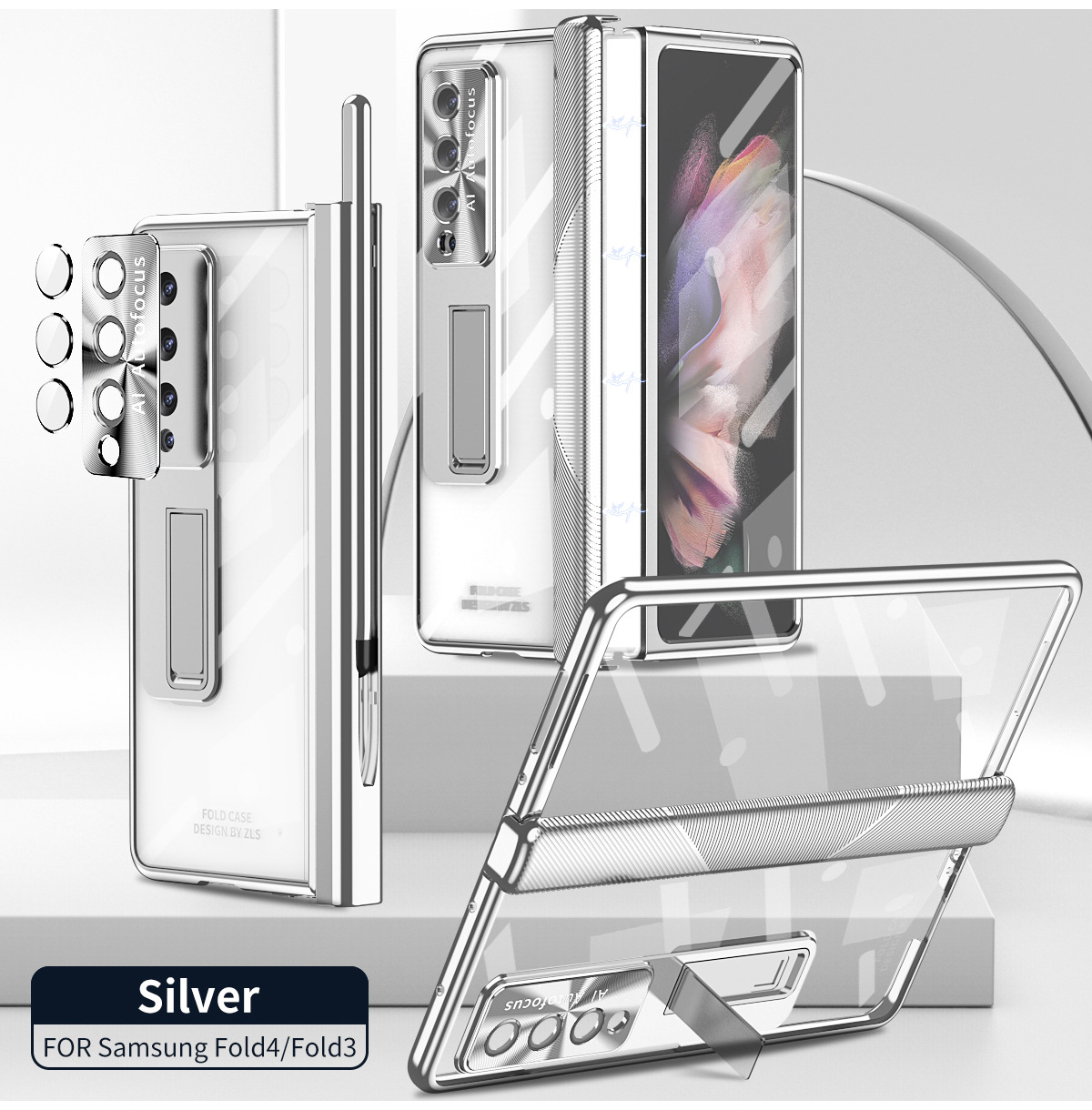 Samsung ZFold 4 Phone Case FOLD3 Magnetic Hinge Folding Protective Case W22 Electroplated Lens Film Leather Case - Silver Samsung Z Fold4