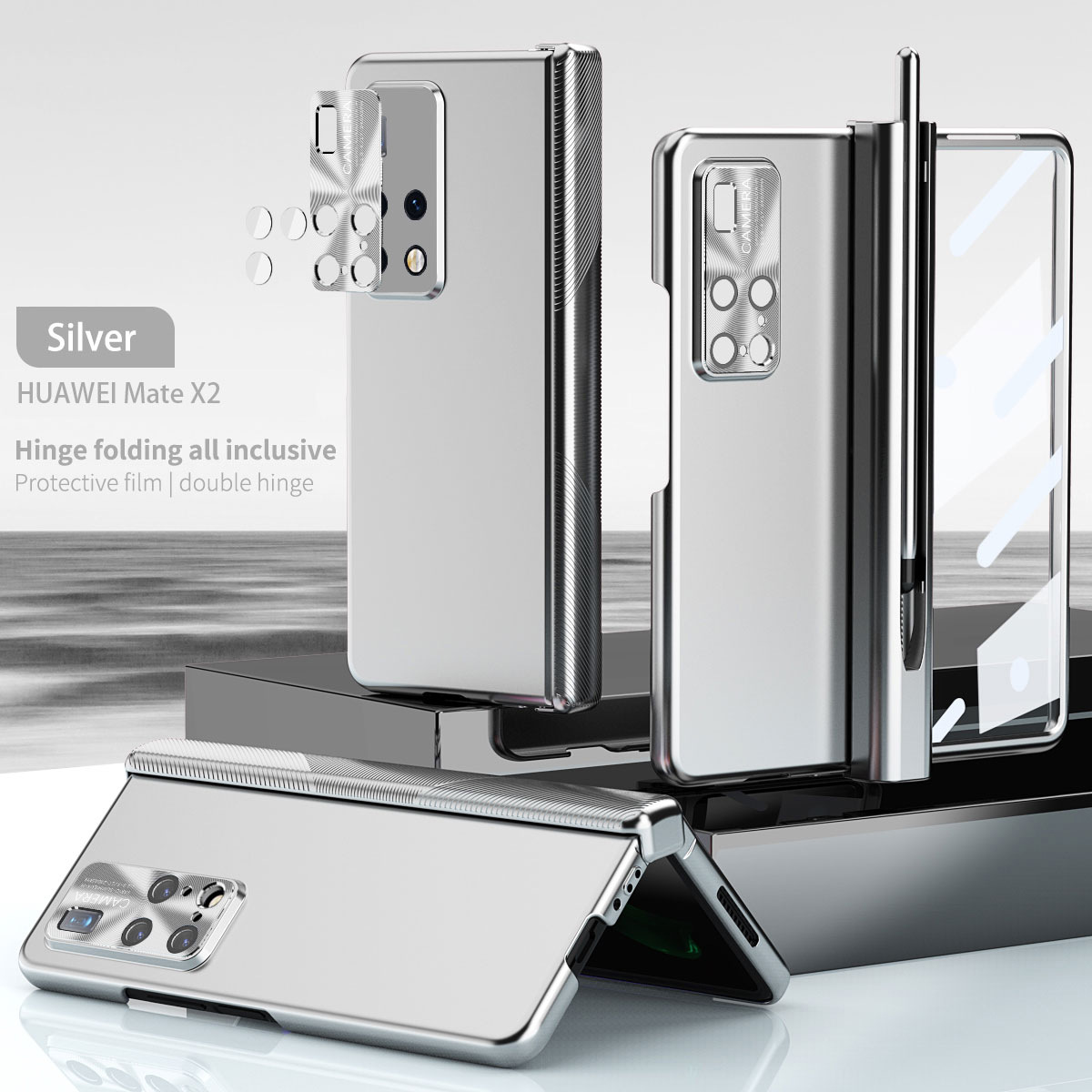 Huawei MATE X2 phone case, solid color, magnetic hinge, folding protective case, 5G lens film, leather case. - Silver MATEX2