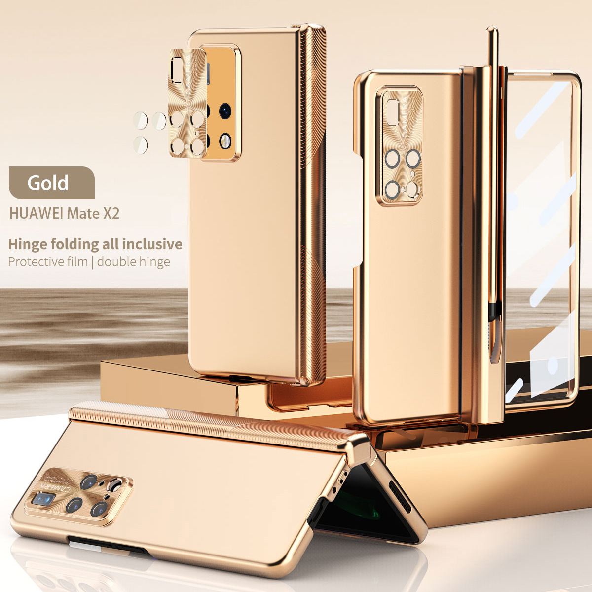Huawei MATE X2 phone case, solid color, magnetic hinge, folding protective case, 5G lens film, leather case. - Gold MATEX2