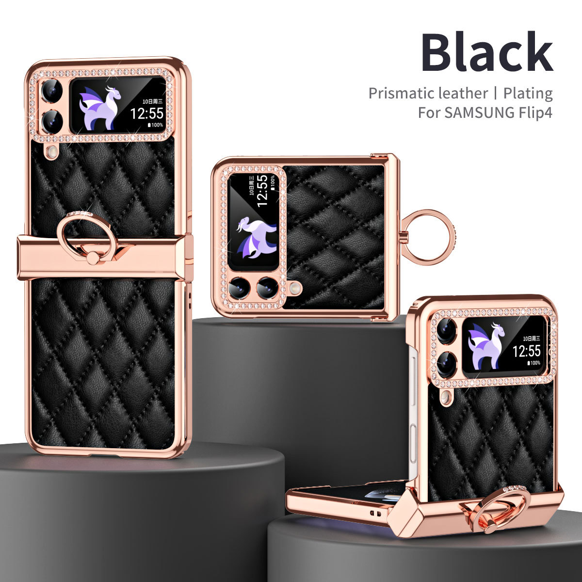 Samsung ZFlip 4 phone case, folding full-coverage hinge, diamond-patterned, Chanel-style, 5G, ring-shaped, drop-proof protective leather case. - Black z flip4