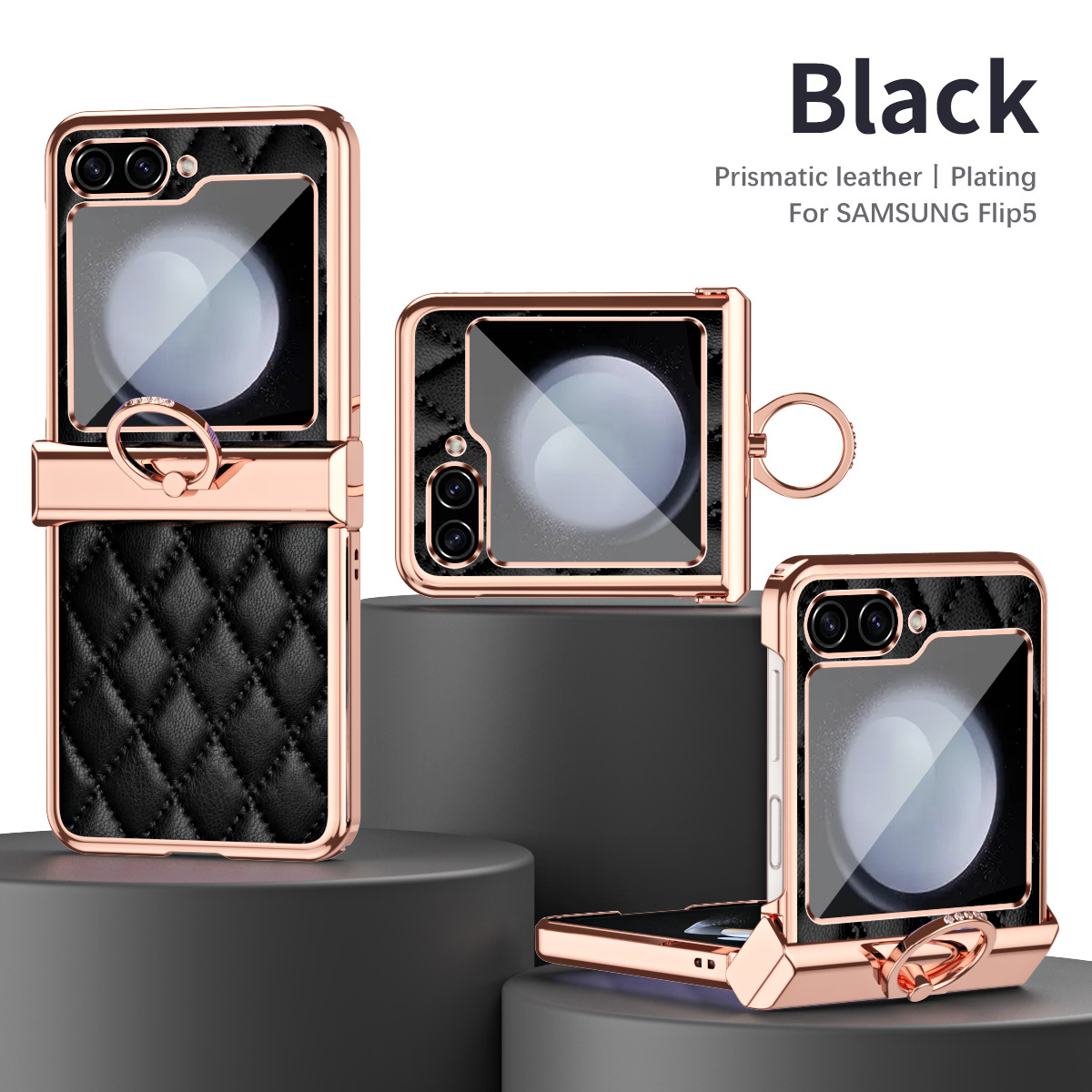 Samsung ZFlip 5 phone case, folding full-coverage hinge, Chanel-style FLIP 3 ring, drop-proof protective leather case. - Black Z Flip 5