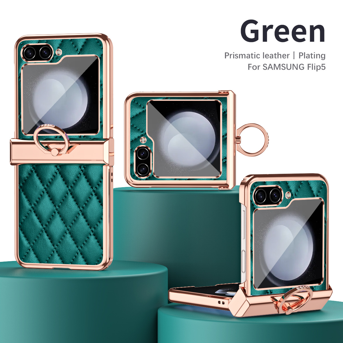 Samsung ZFlip 5 phone case, folding full-coverage hinge, Chanel-style FLIP 3 ring, drop-proof protective leather case. - Green z flip5