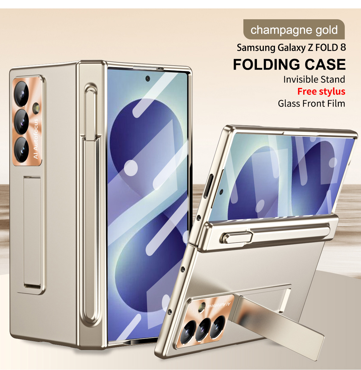 Samsung ZFold 8 Ultra phone case with magnetic hinge, electroplated lens coating, suitable for use with lenses. - Gold pen slot hinge zfold8utrla