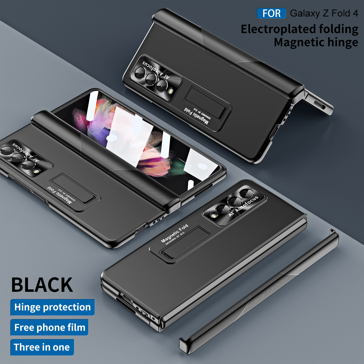 Samsung ZFold 4 Phone Case FOLD4 Magnetic Hinge Folding Protective Case W22 Electroplated Lens Film Leather Case - Black standard hinge zfold4