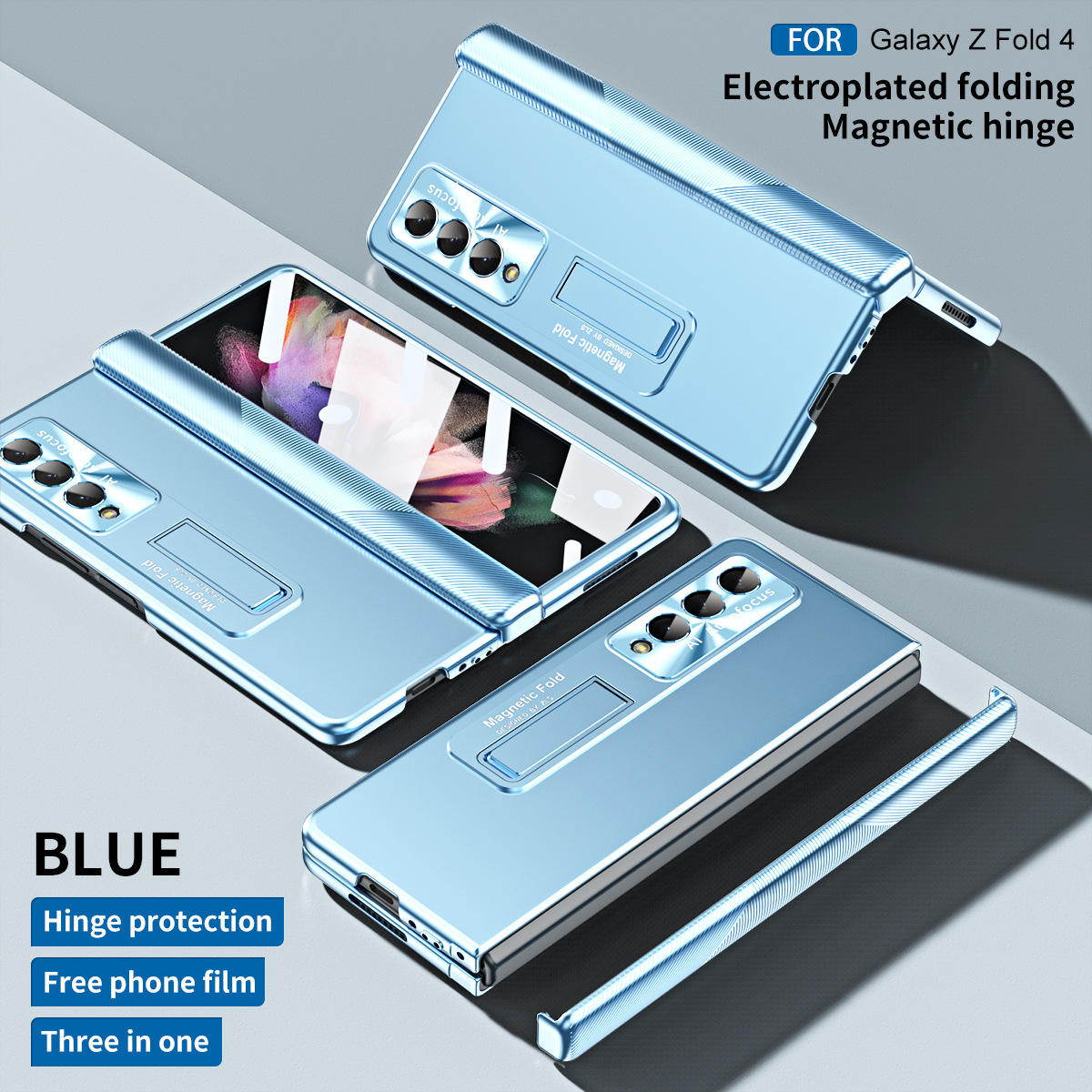 Samsung ZFold 4 Phone Case FOLD4 Magnetic Hinge Folding Protective Case W22 Electroplated Lens Film Leather Case - Sky blue standard hinge zfold4