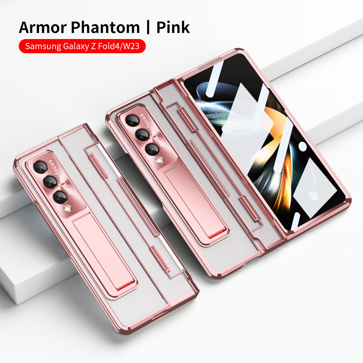 Samsung Zfold 5 Phone Case FOLD4 Flat Hinge Folding Protective Case W22 Electroplated Lens Film Leather Case - Pink Phantom zfold5