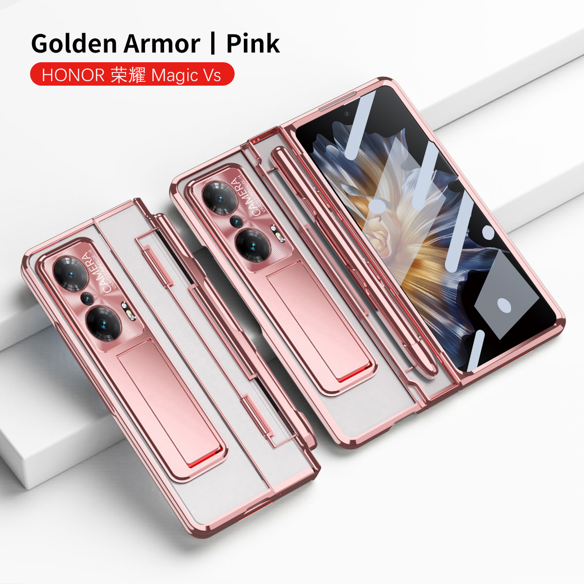 Compatible with Honor MagicVS phone case, flat folding pen slot transparent protective case, hinge full-coverage shockproof case, 5G - Pink Phantom with Pen Groove Honor MagicVS