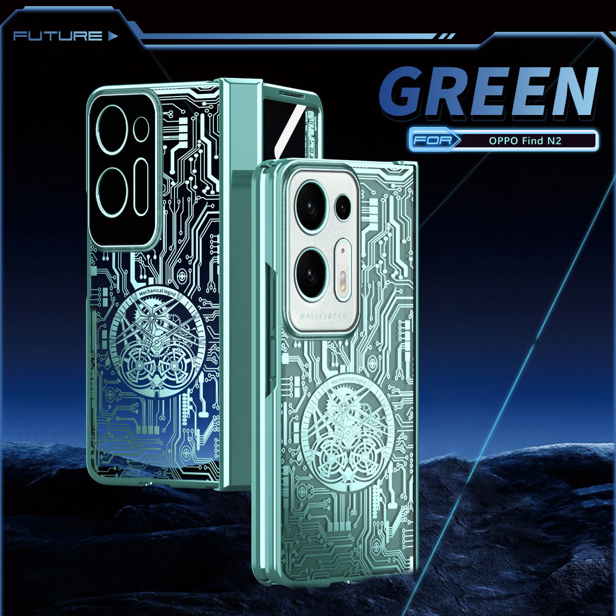 Compatible with OPPO Find N2 foldable phone case, magnetic hinge, electroplated texture, drop-proof protective case - Green OPPO Find N2