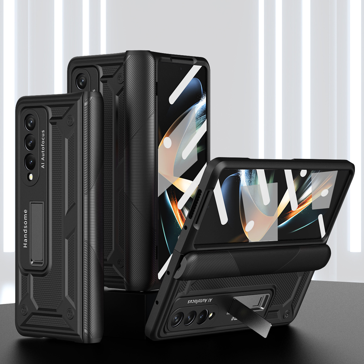 Compatible with Samsung Fold4 phone case W22 solid color hinge folding protective case Fold3 Ironclad full-coverage shockproof case - Black Iron Armor Samsung Fold 4