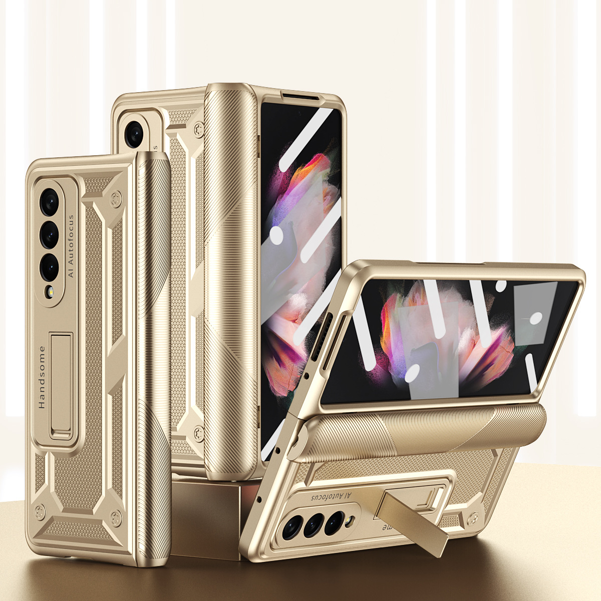 Compatible with Samsung Fold4 phone case W22 solid color hinge folding protective case Fold3 Ironclad full-coverage shockproof case - Golden Iron Armor 3-Star Fold 4
