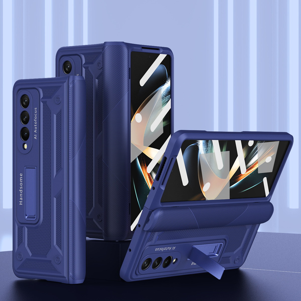 Compatible with Samsung Fold4 phone case W22 solid color hinge folding protective case Fold3 Ironclad full-coverage shockproof case - Blue Iron Armor 3-Star Fold 4