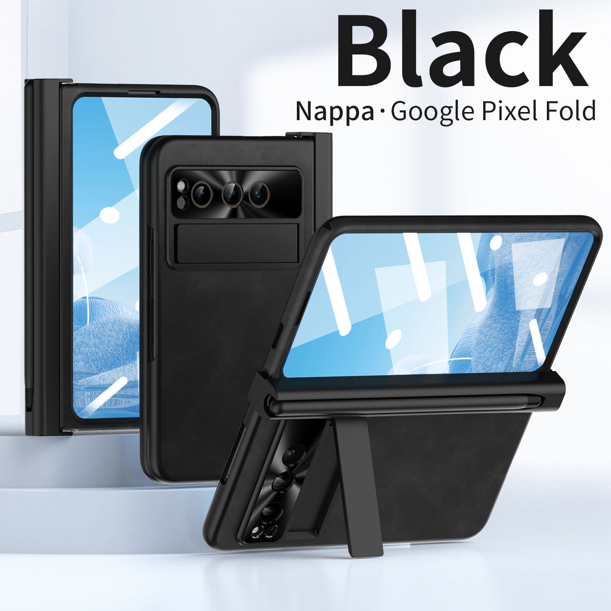 Compatible with Google Pixel Fold phone case, vegan leather folding protective case with pen slot hinge. - Black pen slot Google Pixel Fold