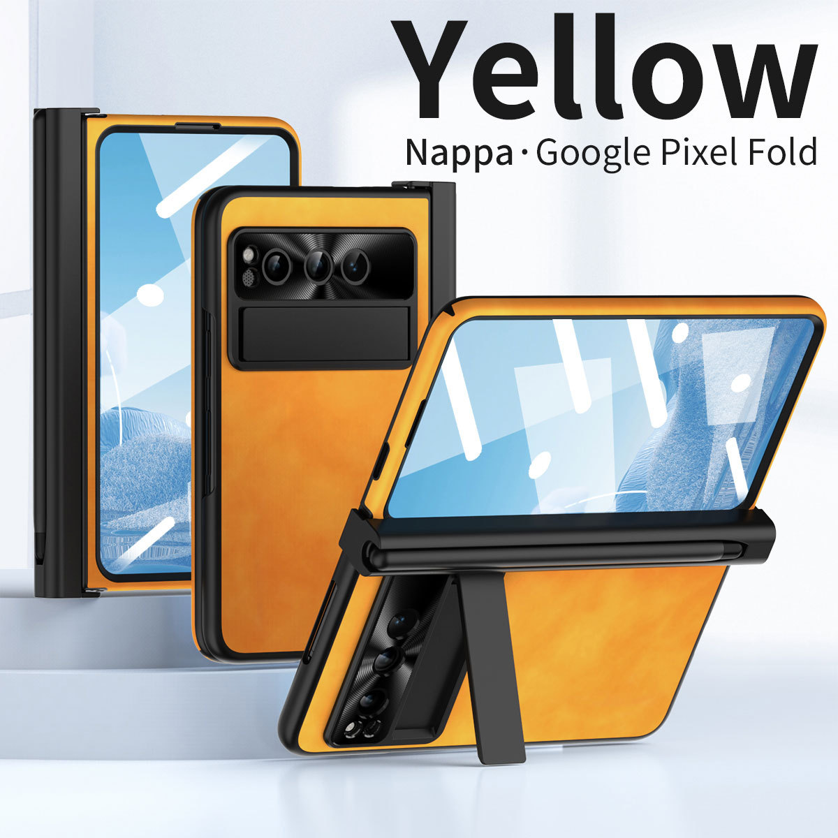 Compatible with Google Pixel Fold phone case, vegan leather folding protective case with pen slot hinge. - Yellow pen marks Google Pixel Fold