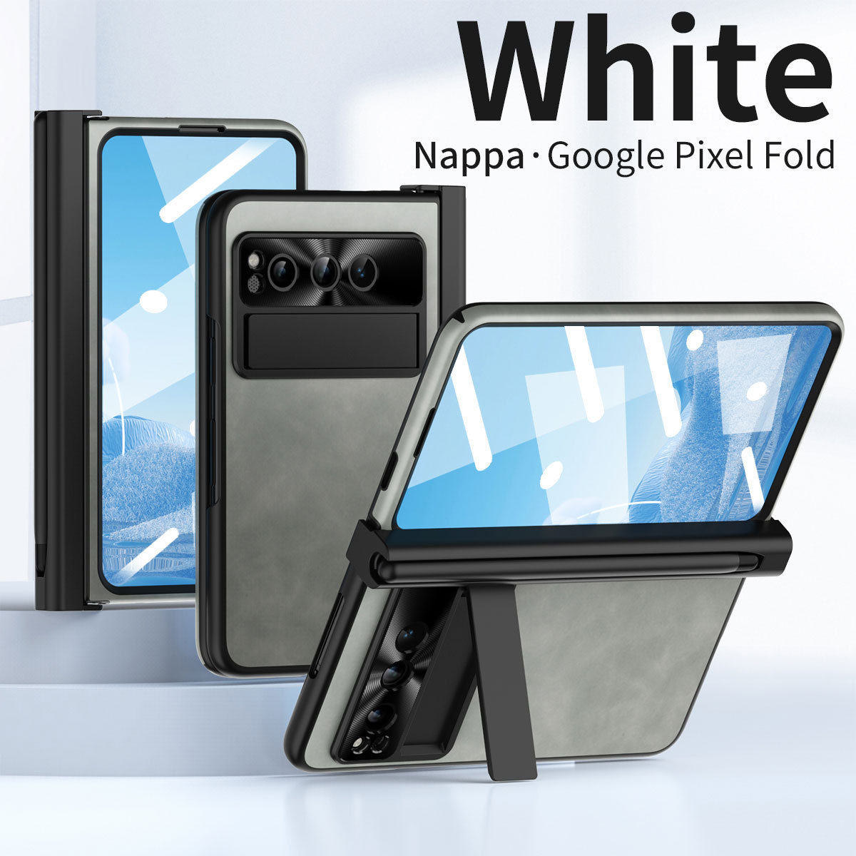 Compatible with Google Pixel Fold phone case, vegan leather folding protective case with pen slot hinge. - Antique white pen slot Google Pixel Fold