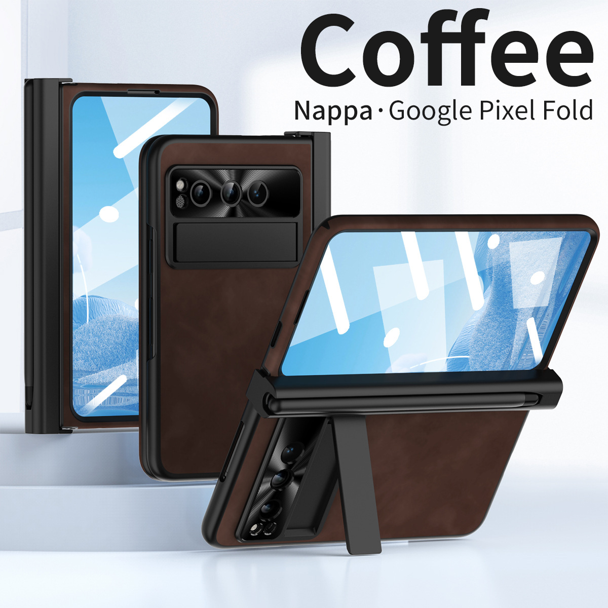 Compatible with Google Pixel Fold phone case, vegan leather folding protective case with pen slot hinge. - Brown pen slot Google Pixel Fold