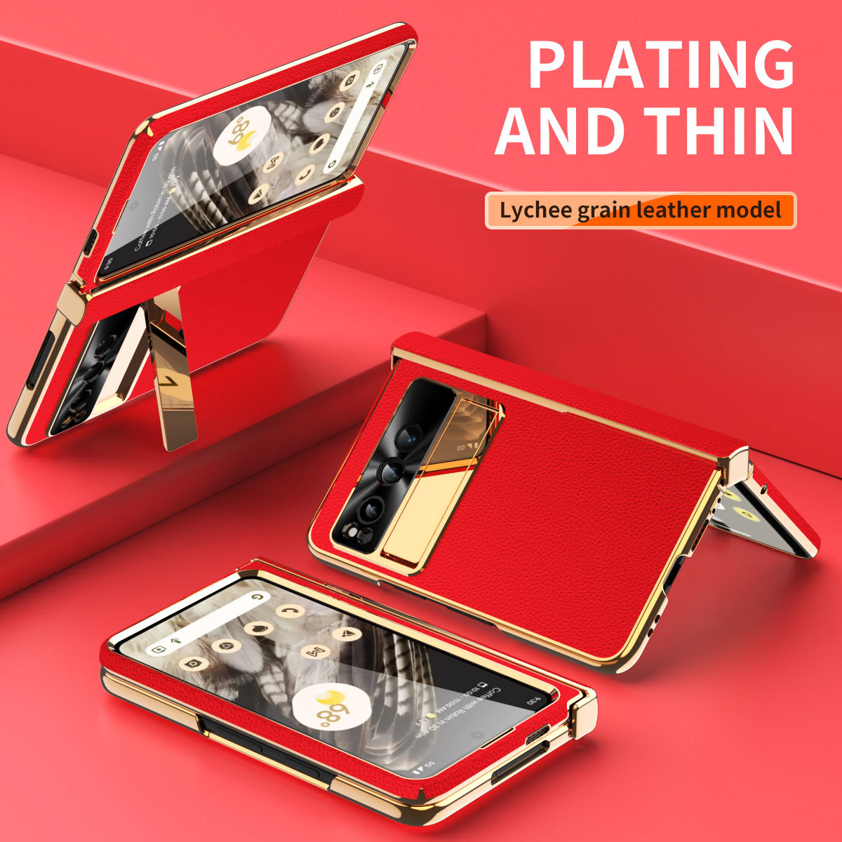 Compatible with Google Pixel Fold phone case, vegan leather, folding hinge, full-coverage drop protection. - Red standard hinge Google Pixel Fold