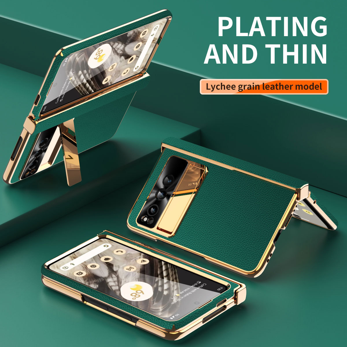Compatible with Google Pixel Fold phone case, vegan leather, folding hinge, full-coverage drop protection. - Green standard hinge Google Pixel Fold