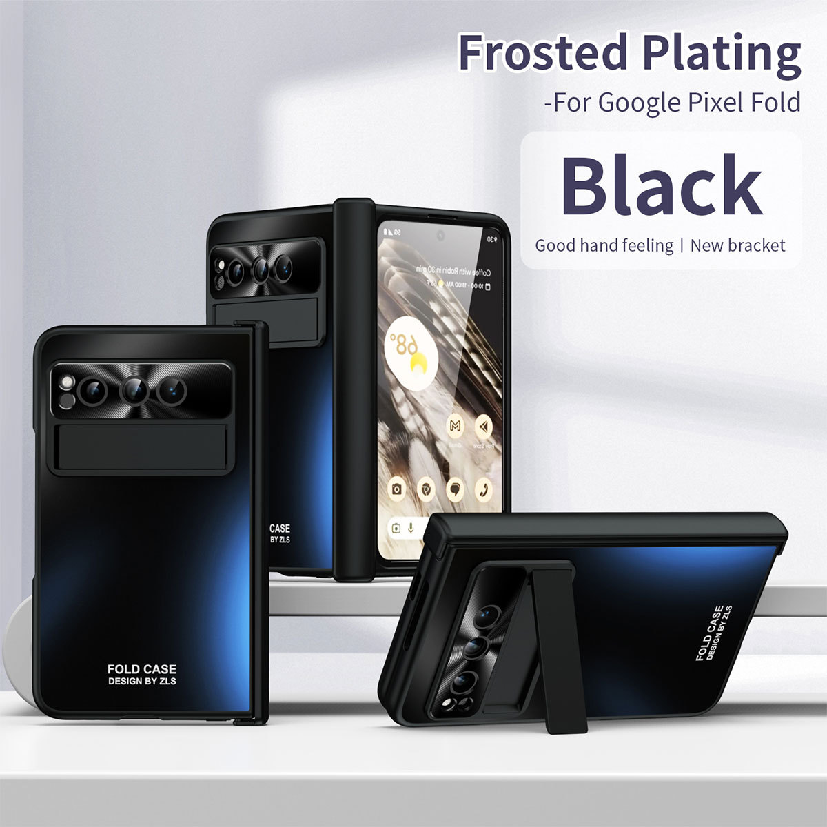 Google Pixel Fold phone case, solid color hinge, full-coverage shockproof case stand. - Black Premium Google Pixel Fold