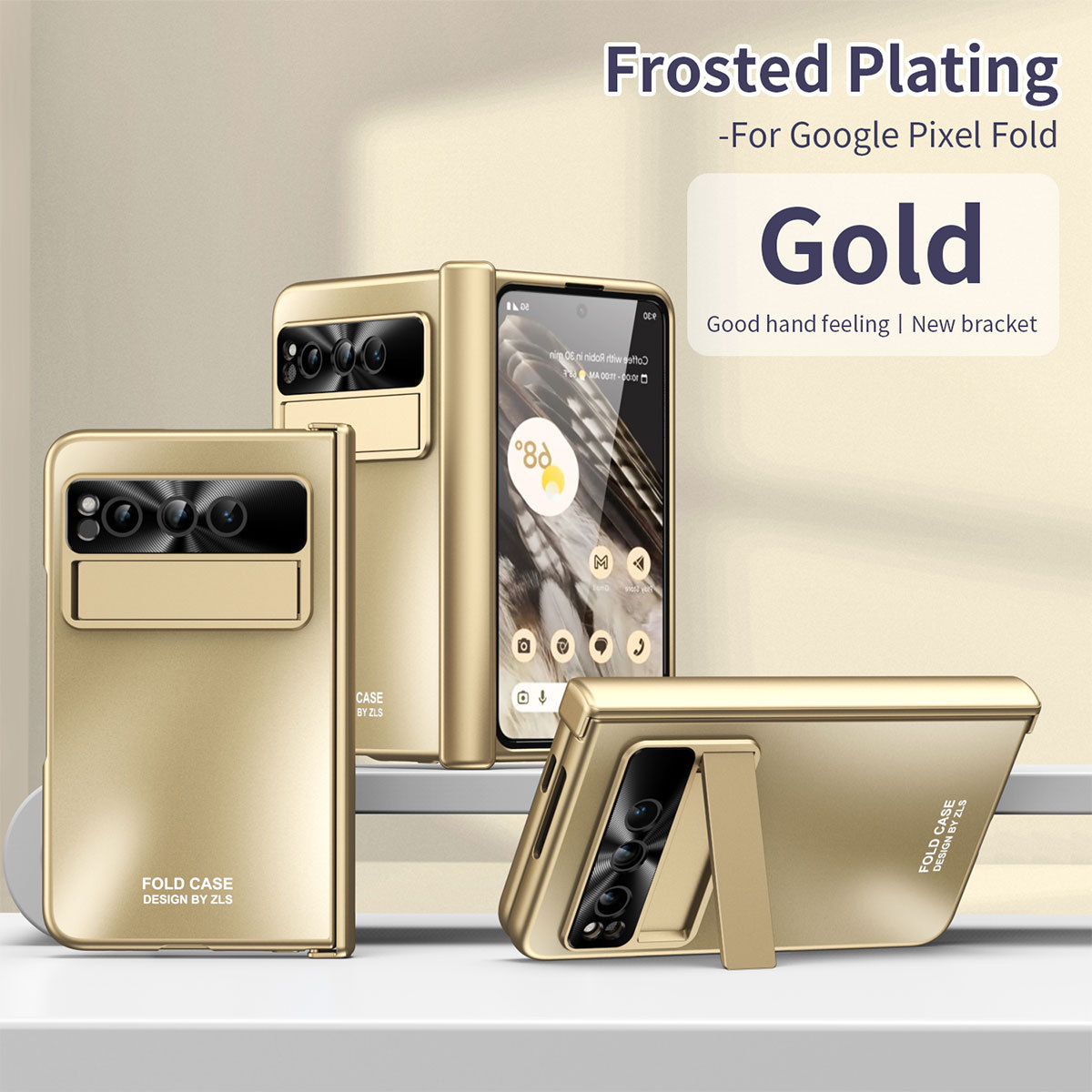 Google Pixel Fold phone case, solid color hinge, full-coverage shockproof case stand. - Gold Edition Google Pixel Fold