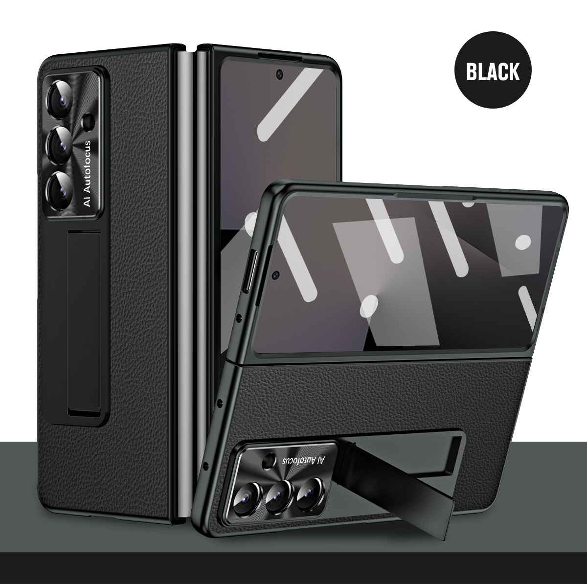 Compatible with Samsung Zfold7 phone case, FOLD6 foldable screen protective case, vegan leather solid color case, integrated anti-drop case - Black lychee pattern Samsung Z Fold7 5G