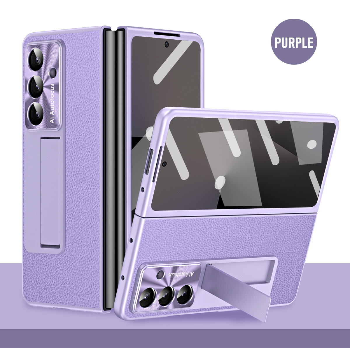 Compatible with Samsung Zfold7 phone case, FOLD6 foldable screen protective case, vegan leather solid color case, integrated anti-drop case - Purple lychee pattern Samsung Z Fold7 5G